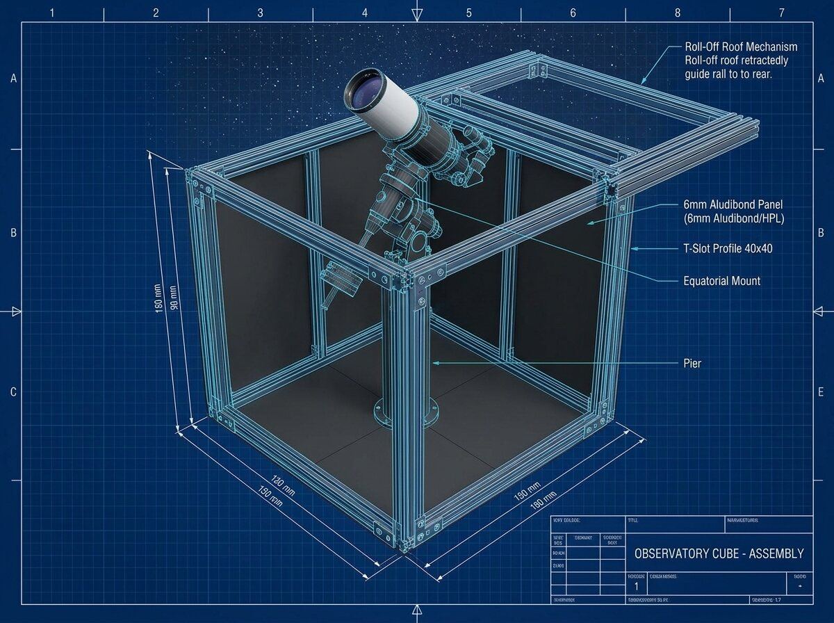 AstroCube ONE T-Slot Aluminiumrahmen technische Ansicht